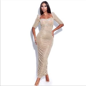 Miss Circle Gold/Nude Ruched Midi/Maxi Dress